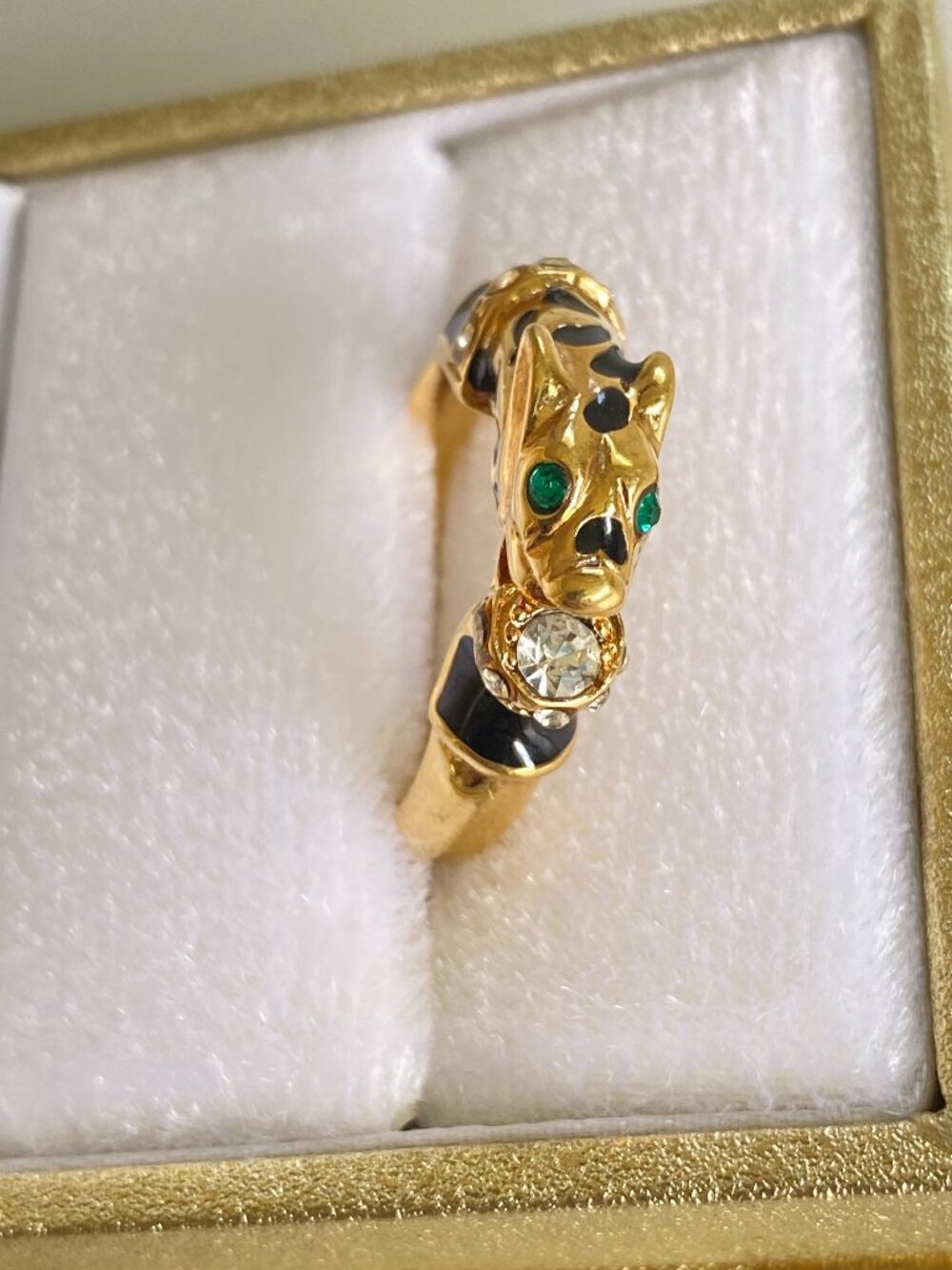 Fifth Avenue Vintage Panther Ring Enamel Green Eyes Gold tone SZ 7.5/7 3/4